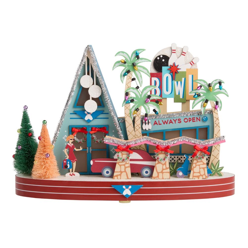 Mid-Century Modern Bowling Alley Light Up LED Christmas Decor Laser Cut Wood NEW